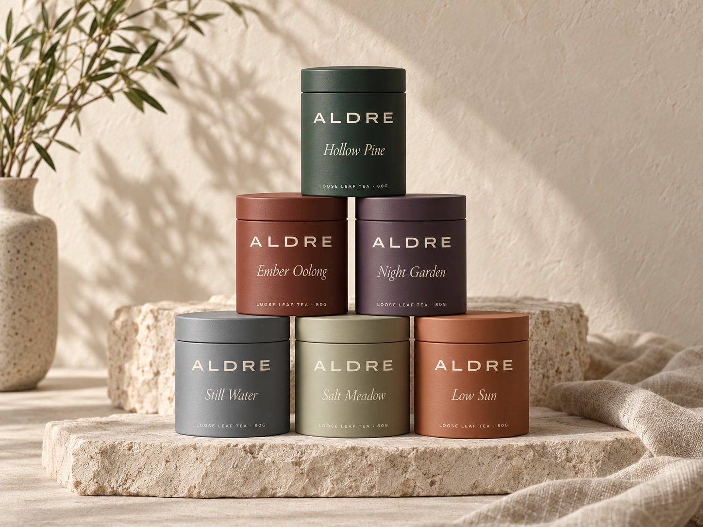 All six ALDRE tea tins stacked in a pyramid, each in its own blend colour