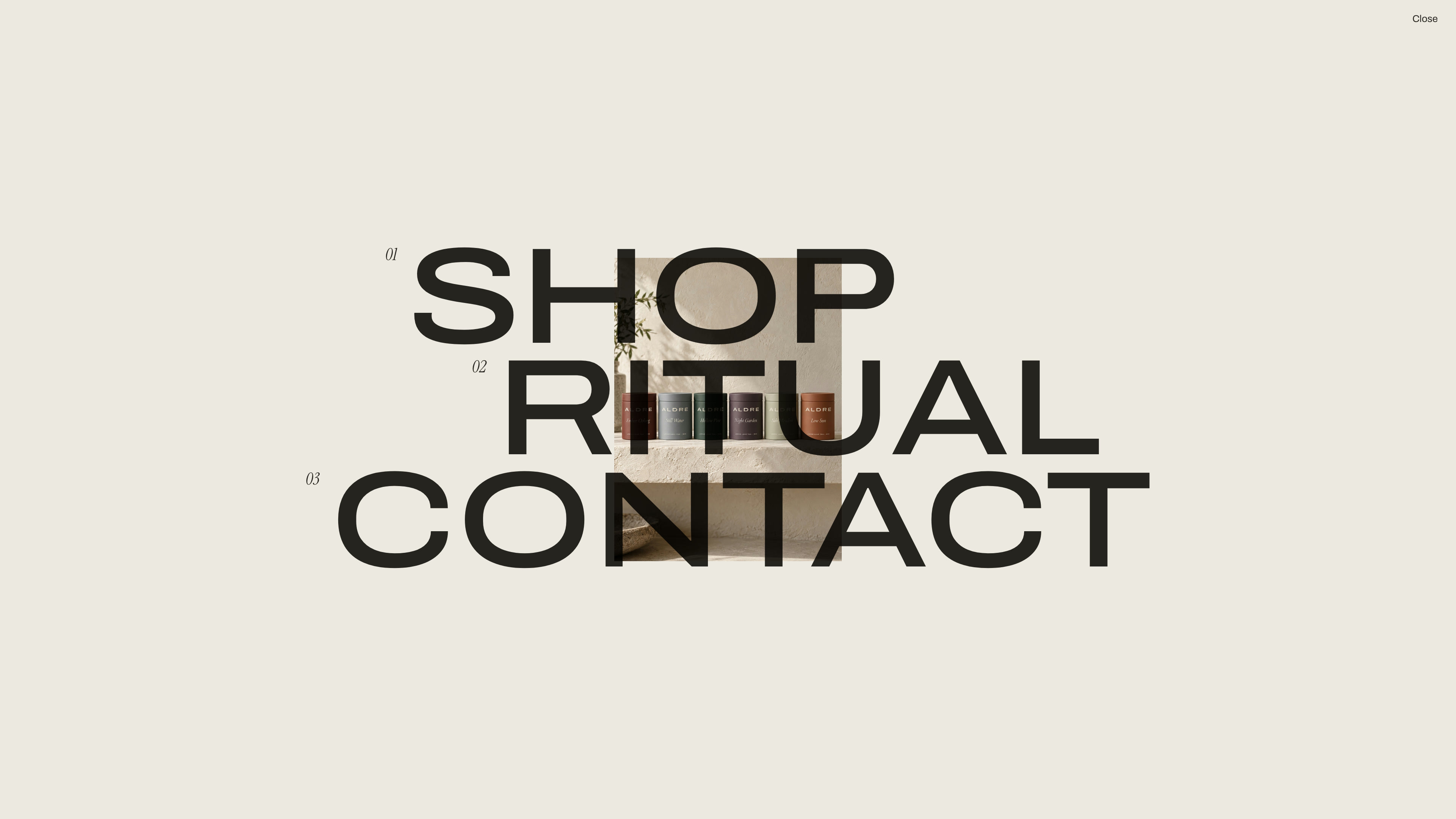 The menu: Shop, Ritual and Contact in large type over a photograph of all six tins