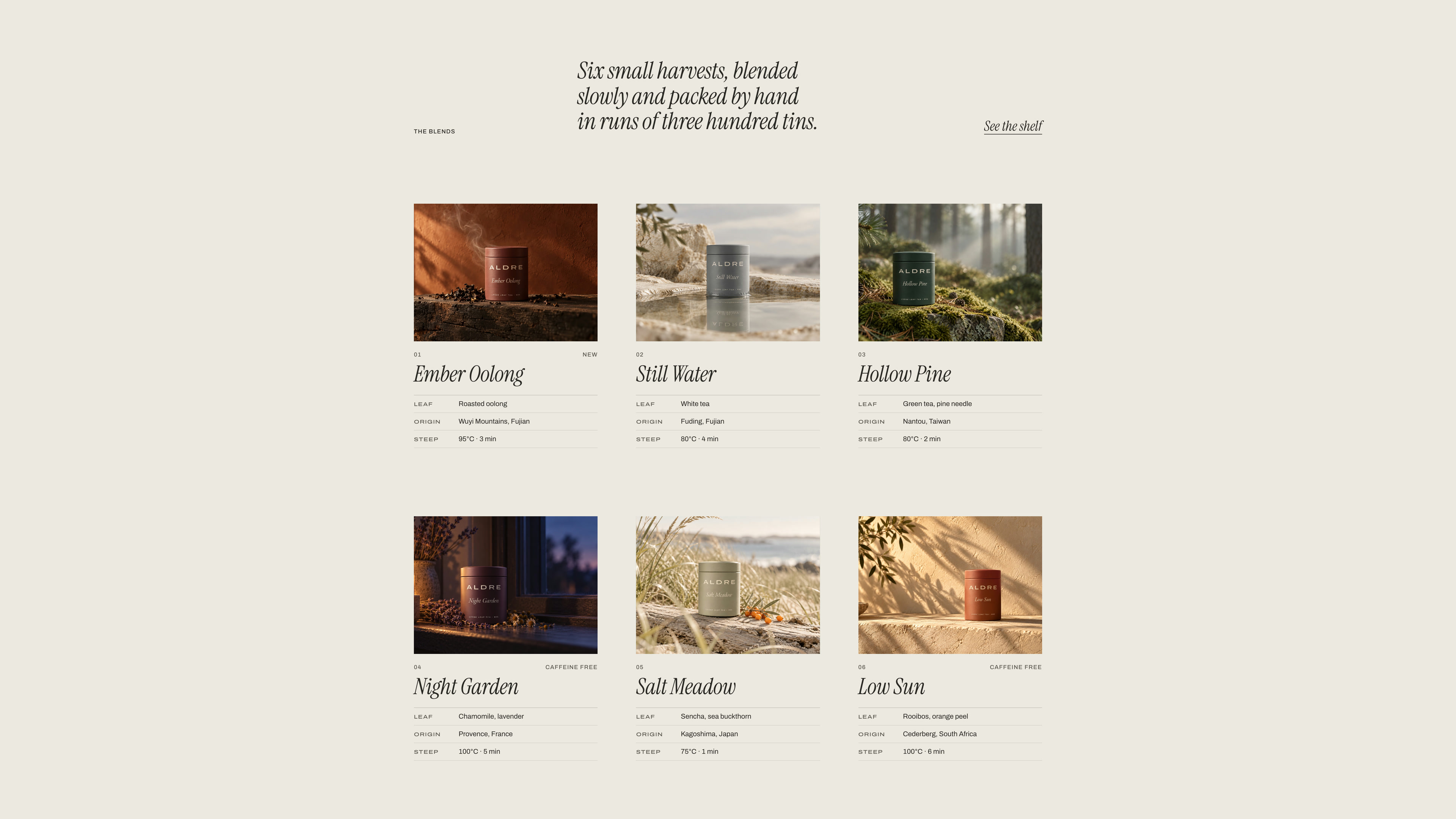 The Blends: the italic statement above all six blends, each with a framed photograph and a tasting card for leaf, origin and steep