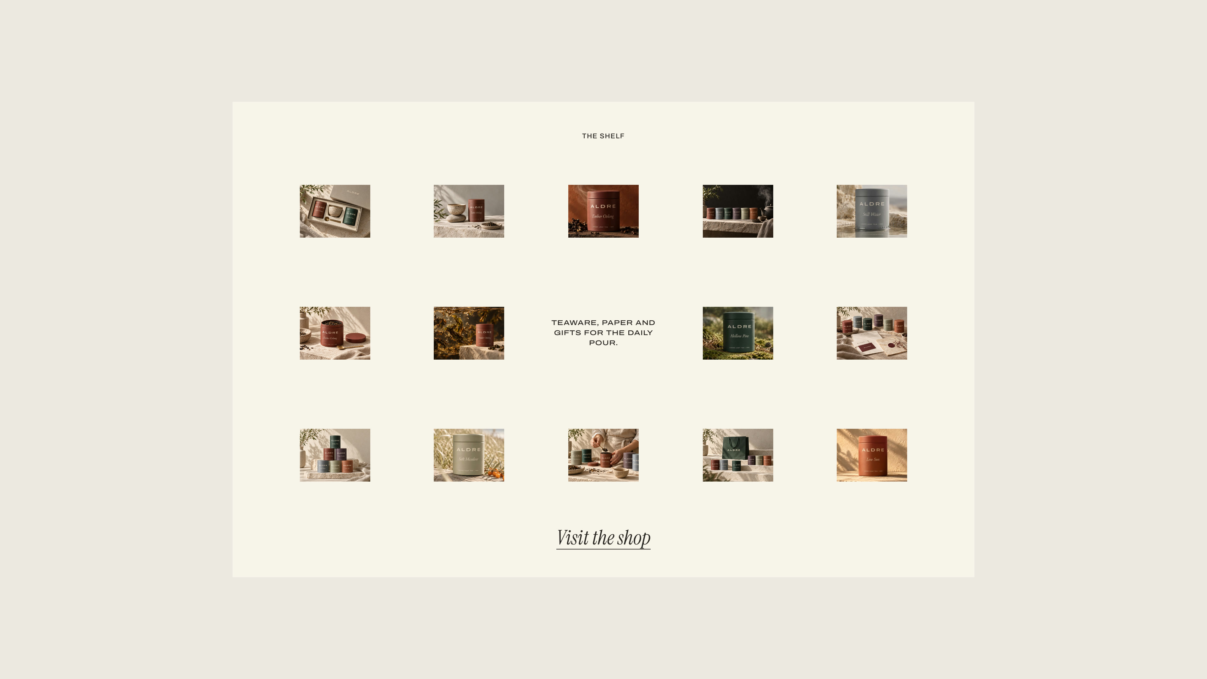 The Shelf: a paper panel with fourteen small photographs around one line of text and a Visit the shop link