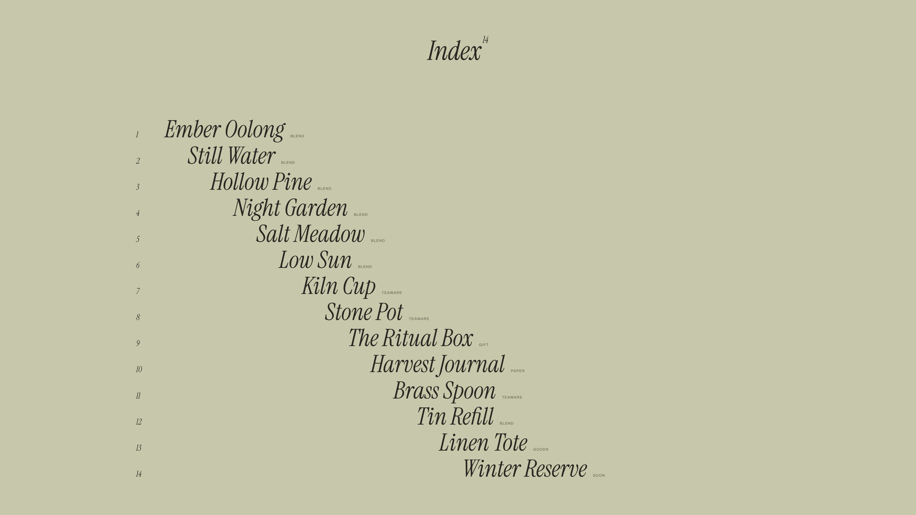 The Index: all fourteen products in staggered italic serif on sage