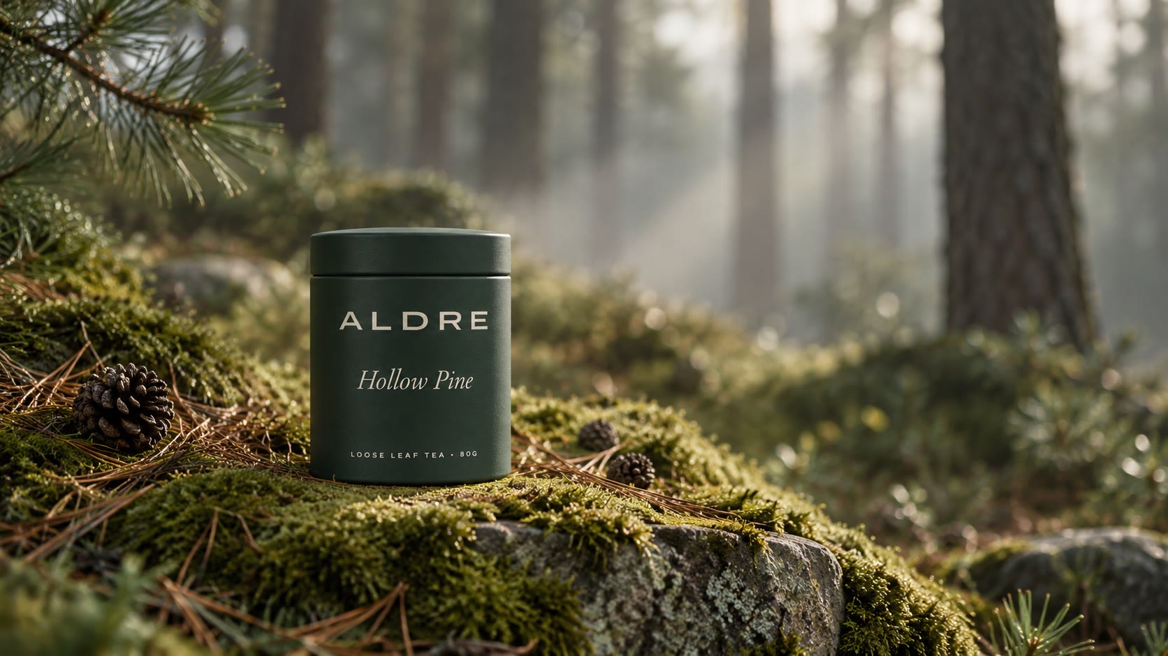 A forest green tin on a mossy stone in a misty pine forest