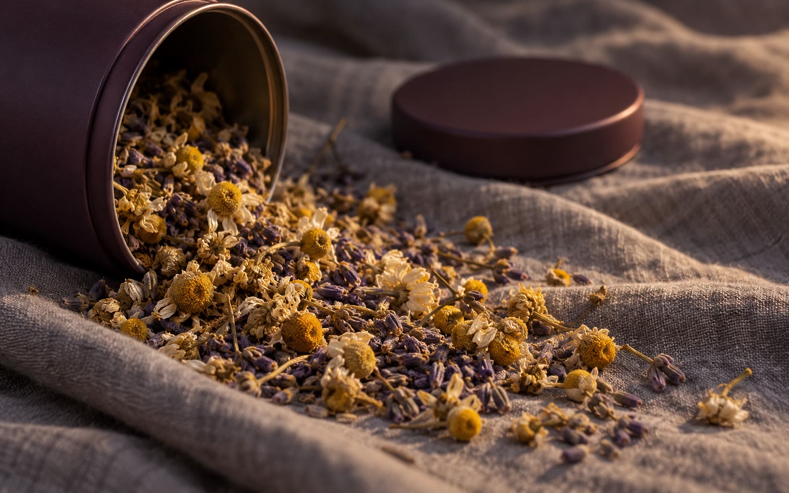 Dried chamomile and lavender spilling from a plum tin onto grey linen