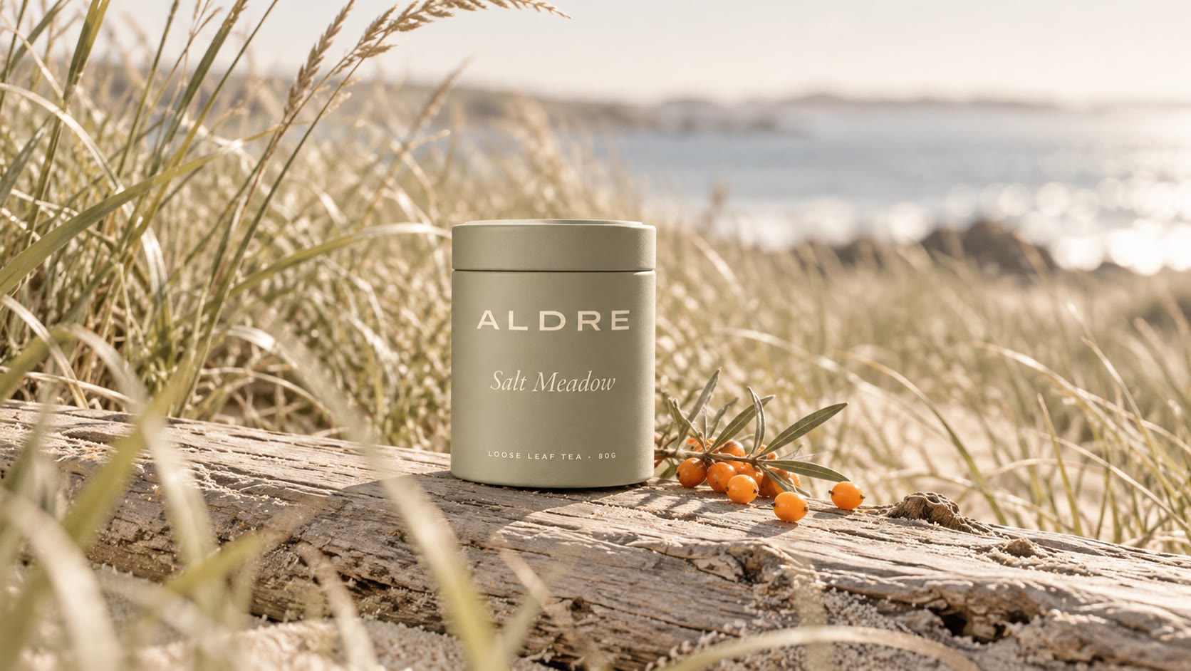 A sage tin in dune grass with sea buckthorn berries on driftwood