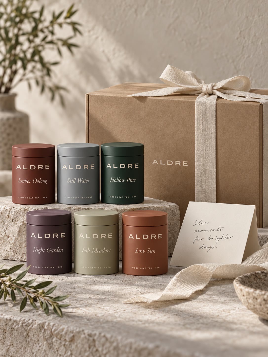 A kraft gift box with a cream ribbon and a handwritten card