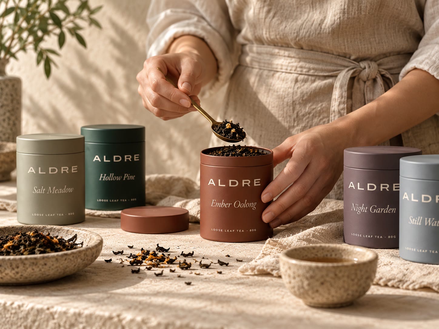 Hands scooping tea leaves from an open tin with a brass spoon