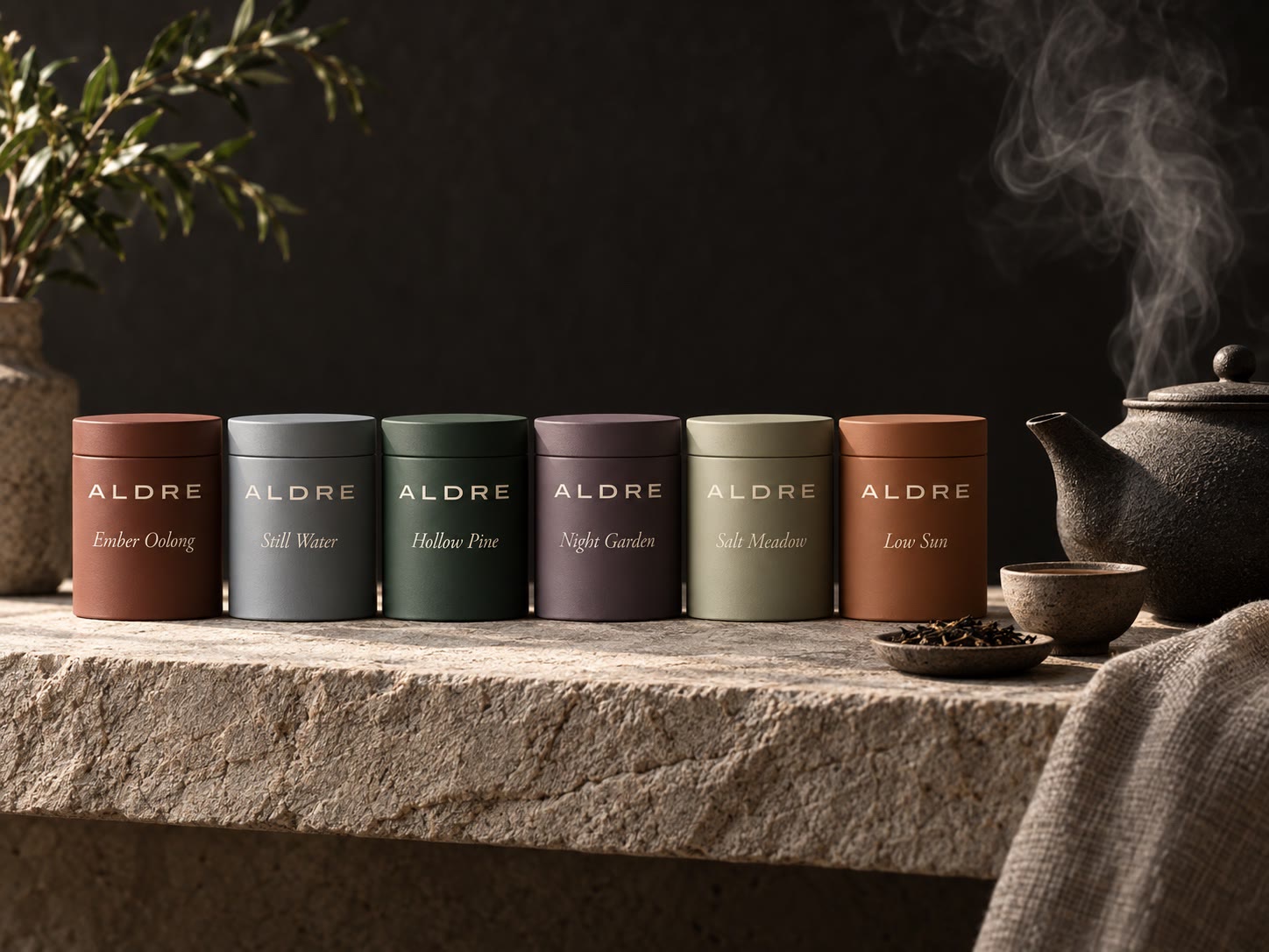 A matte stone teapot with steam against a dark background