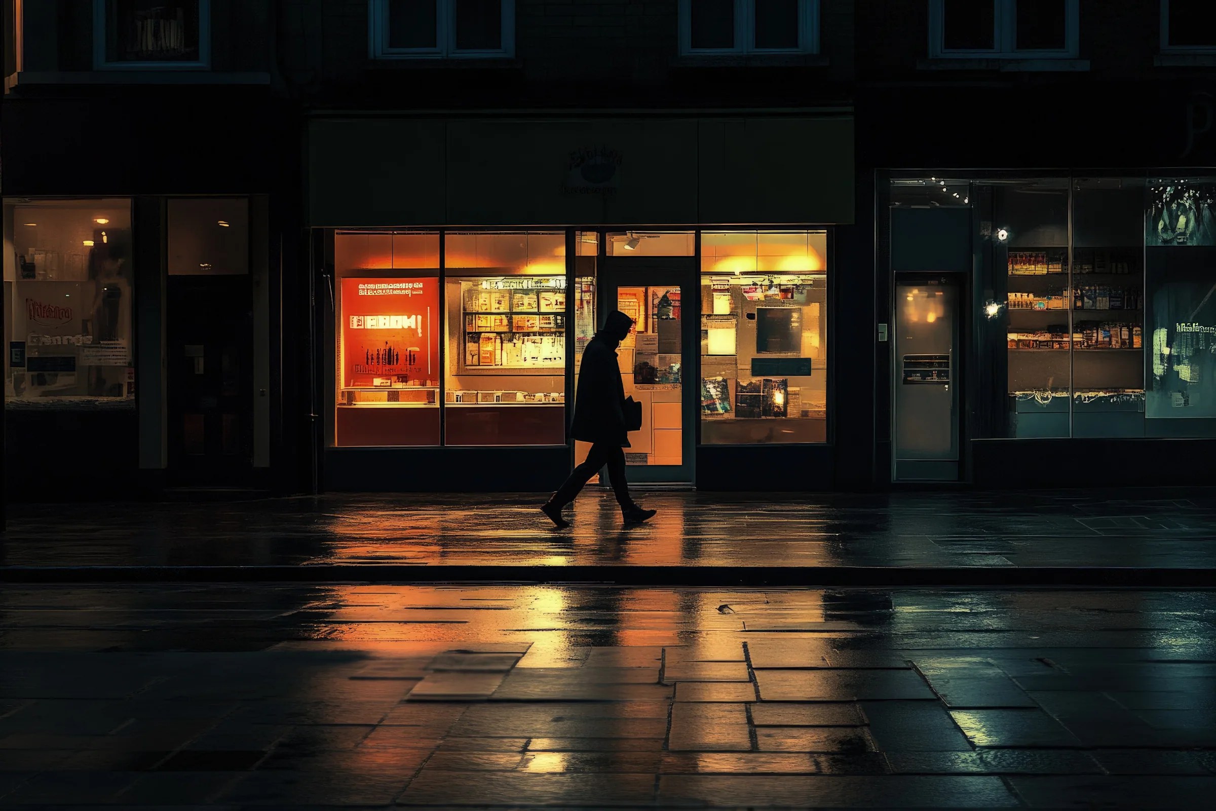 Shopfront at Midnight: a lone figure walking past a lit shop window on a wet street at night