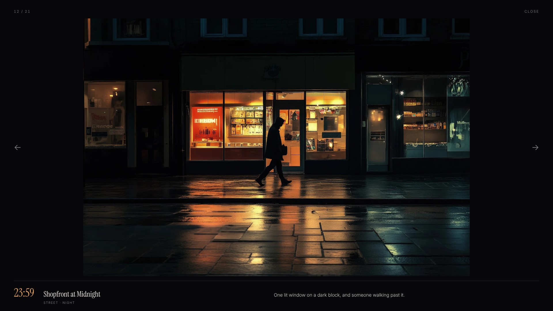 23:59, Shopfront at Midnight: one lit window on a dark block, and someone walking past it