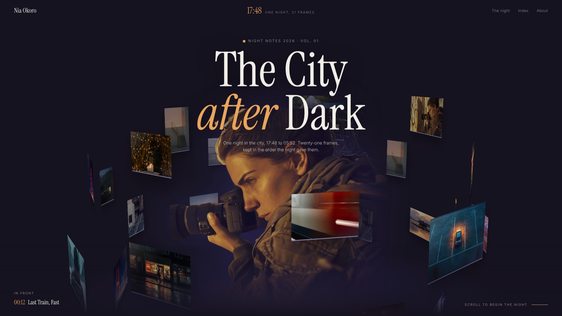 The opening screen: The City after Dark, a photographer with her photographs orbiting
