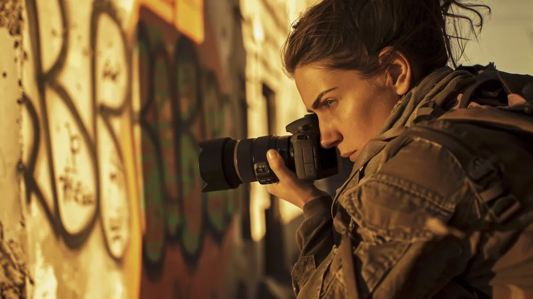 Photographer shooting against a graffiti wall
