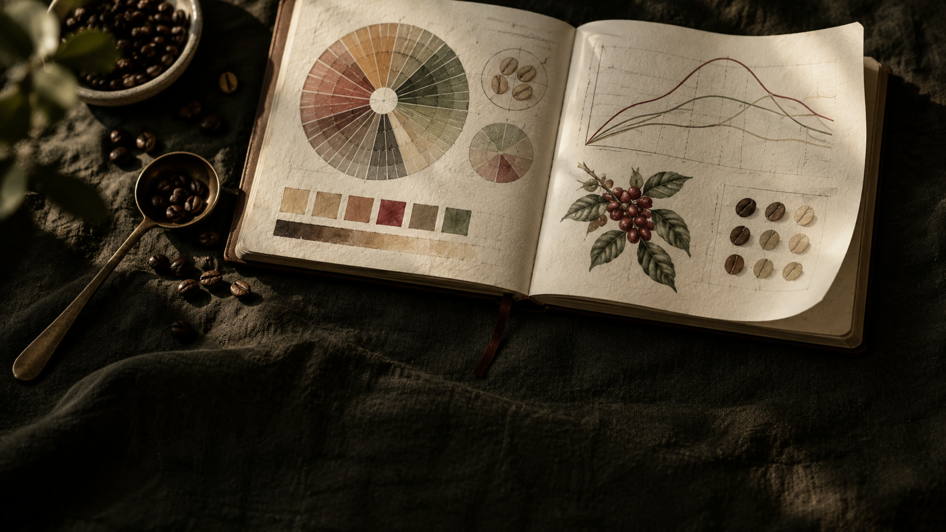 An open coffee tasting journal with flavour wheels, roast curves and coffee beans on dark linen