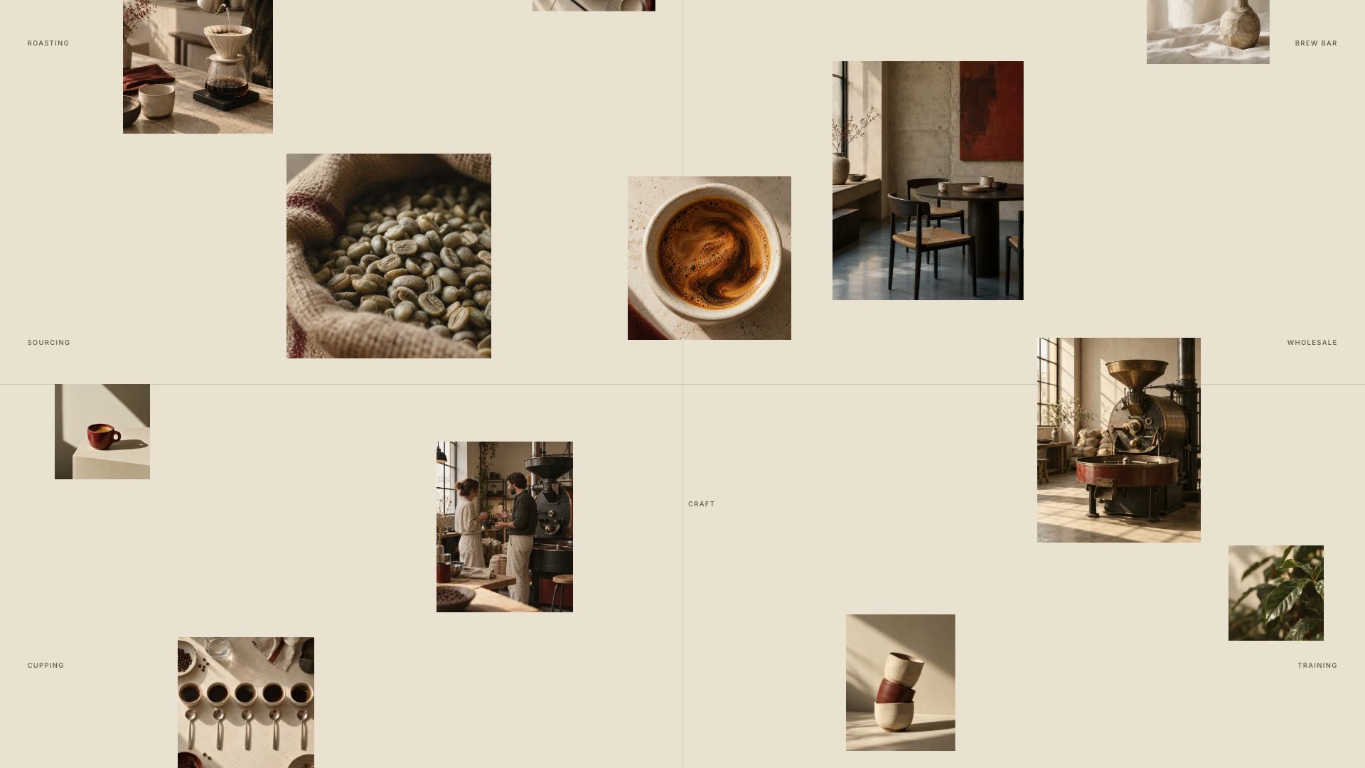 The collage: twelve photographs drifting around the roastery statement, with category labels at the edges
