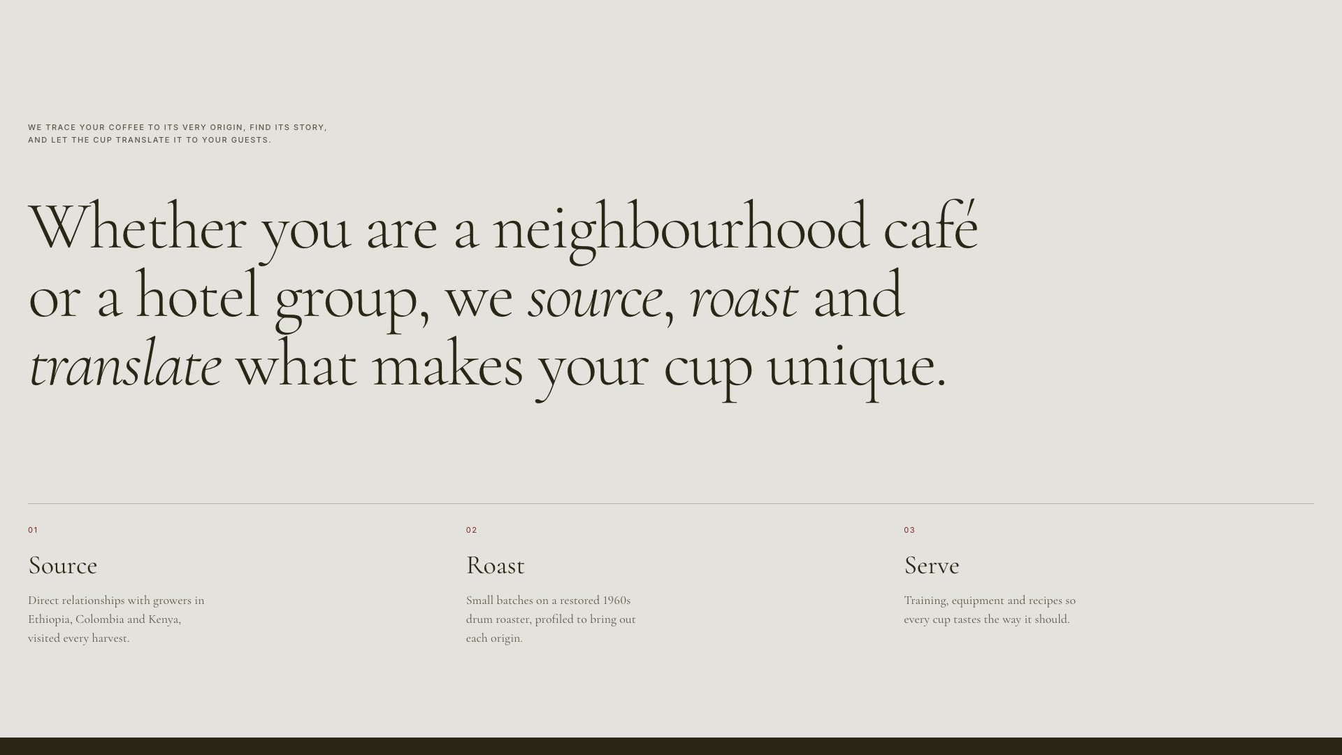 The process statement, lit word by word on scroll, above three steps: Source, Roast, Serve