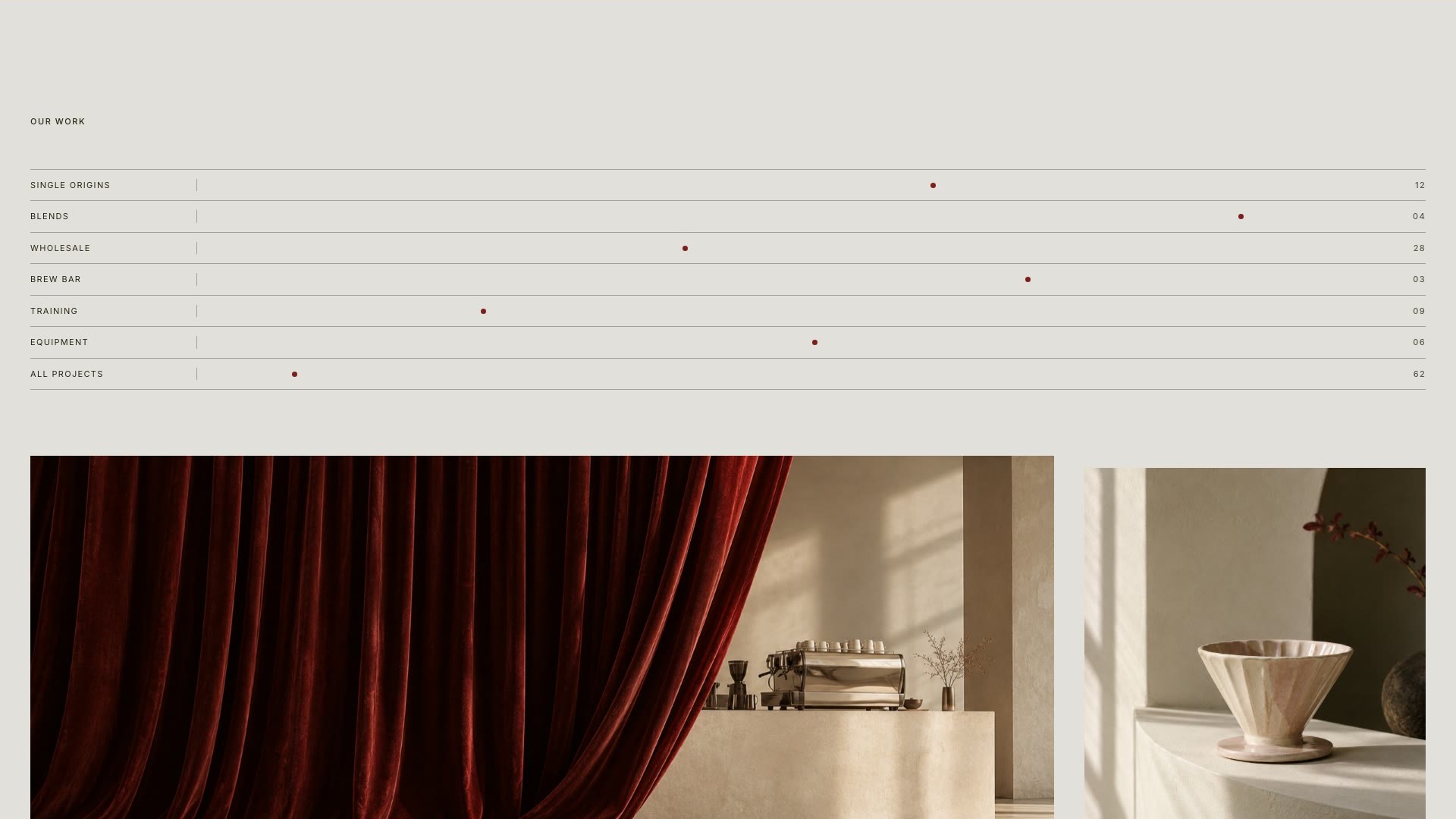 Our Work: a ruled index of categories above the brew bar photograph