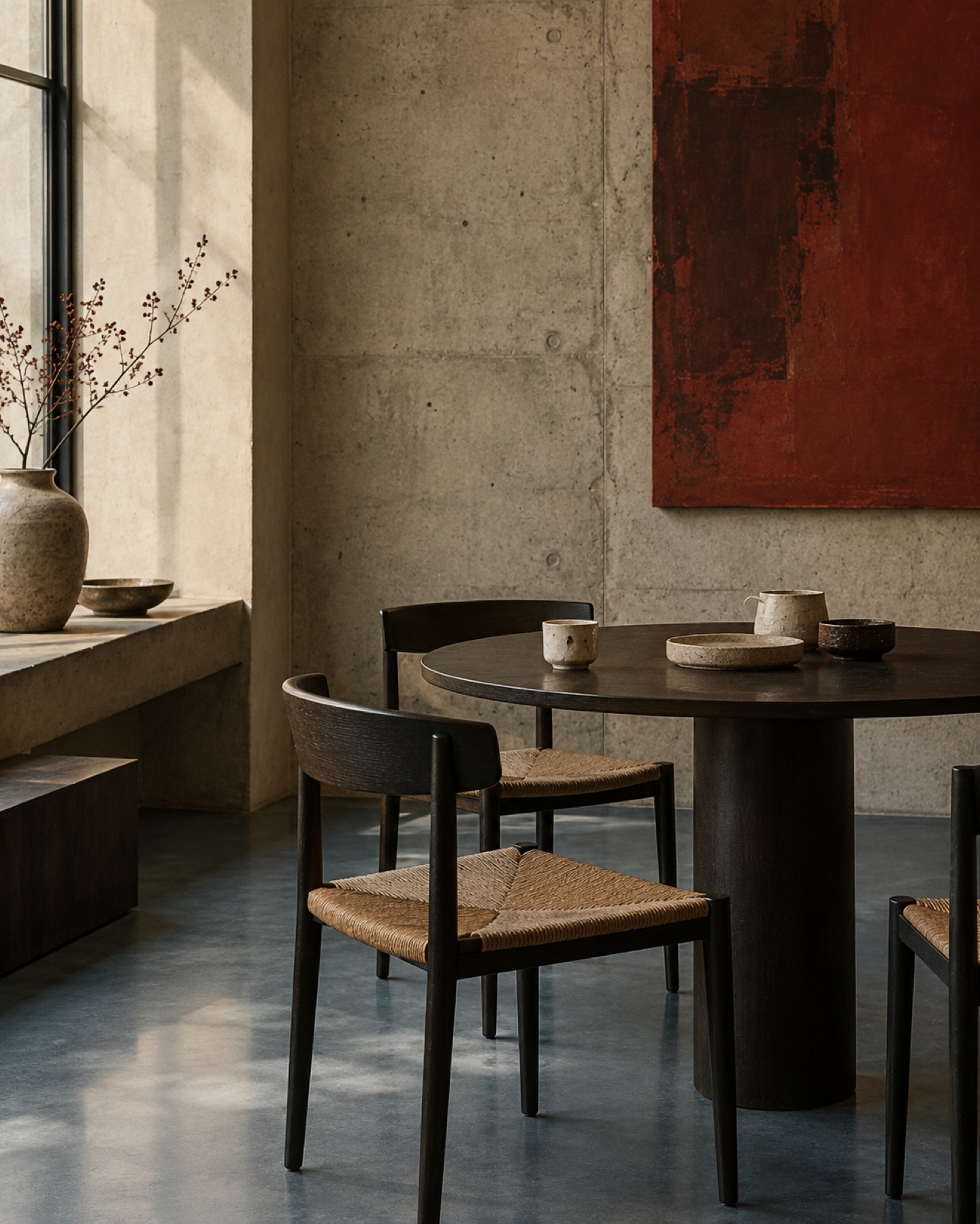 A Nordic coffee bar with a red artwork on concrete
