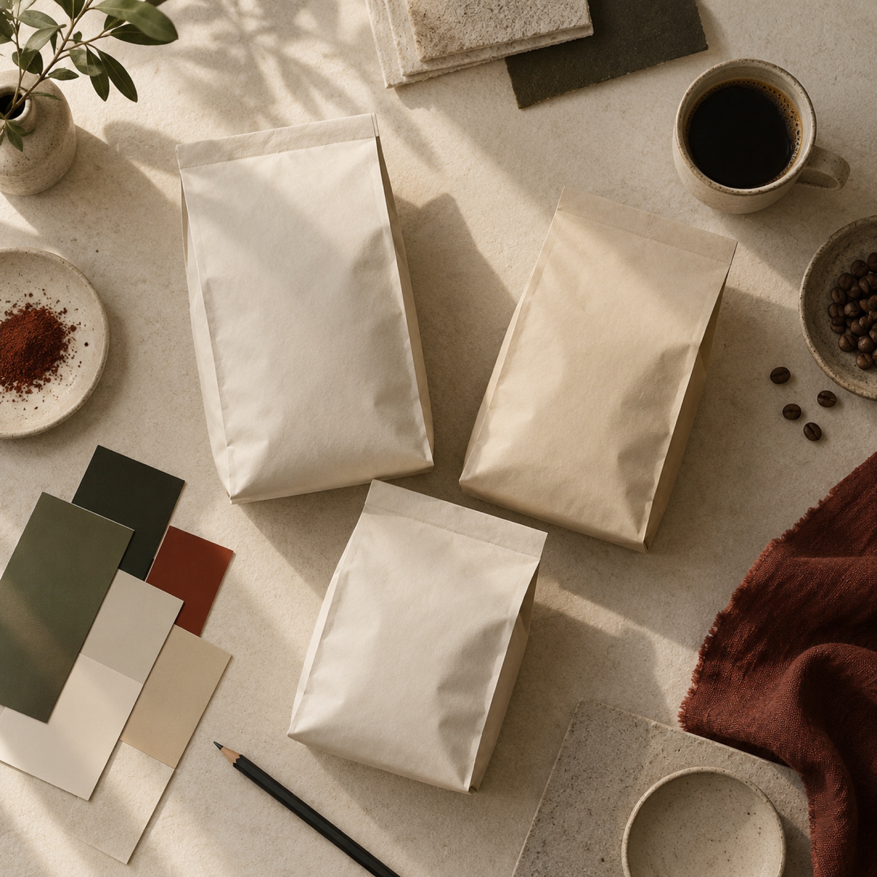 Coffee bag packaging and swatches