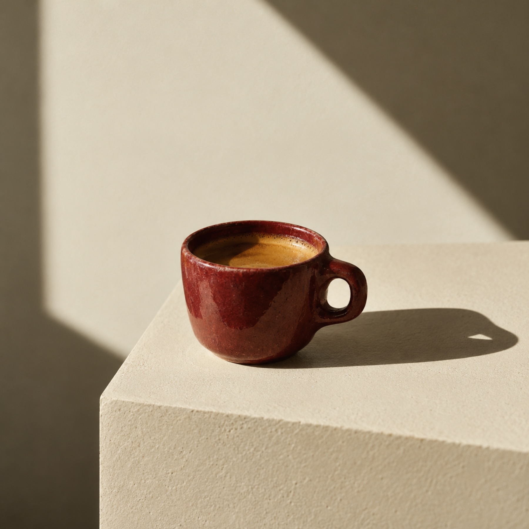 A red espresso cup on a cream plinth