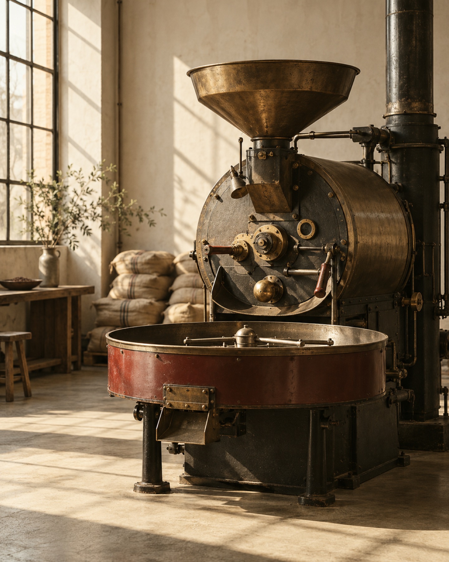 A vintage drum roaster in a sunlit warehouse