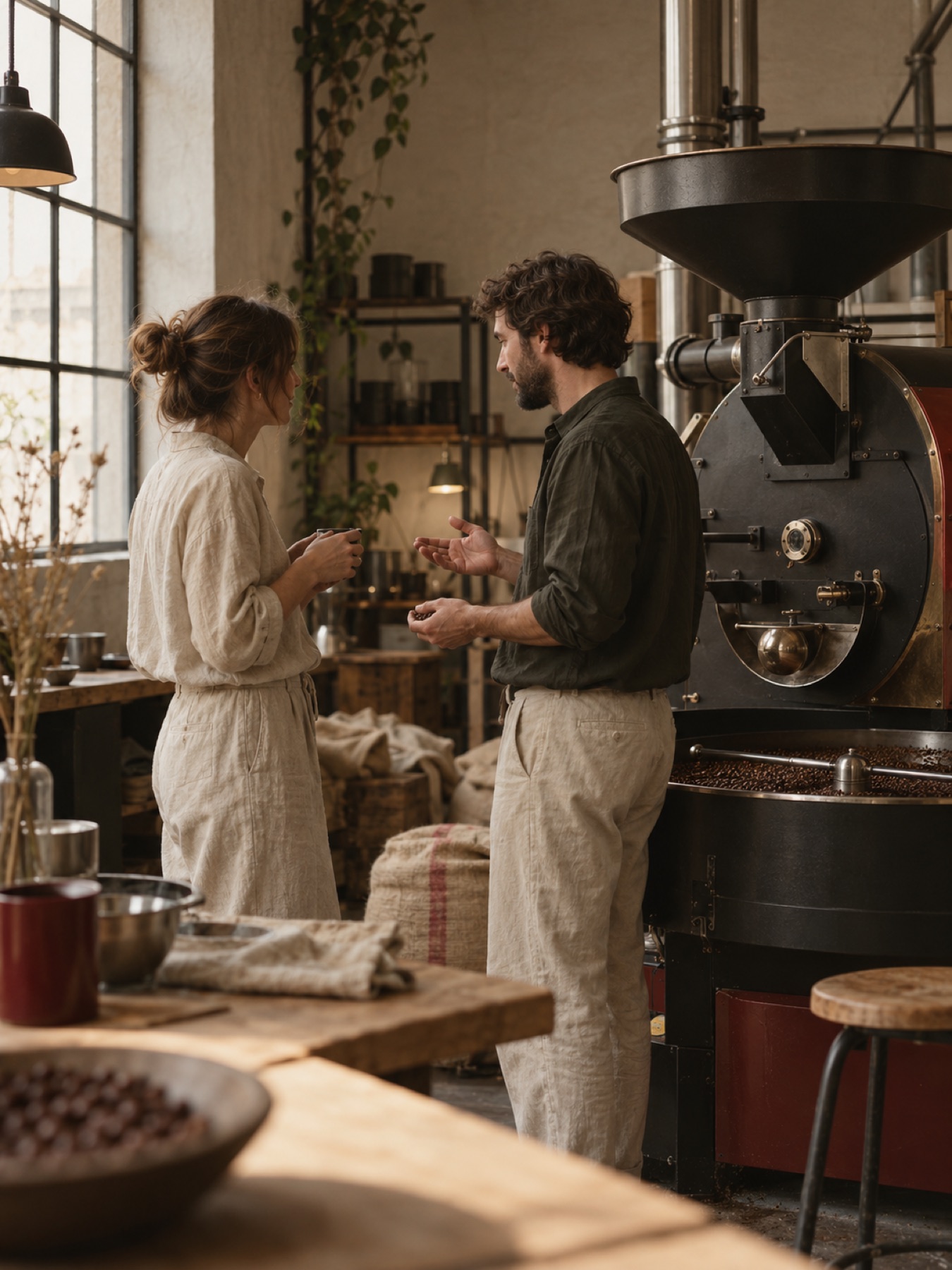 Two roasters talking beside the roasting machine