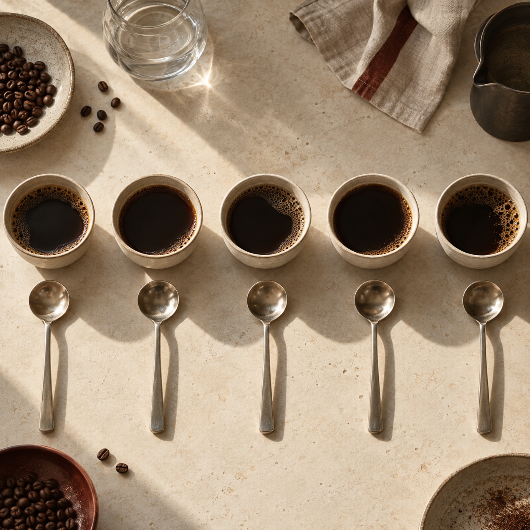 Cupping table with bowls and spoons
