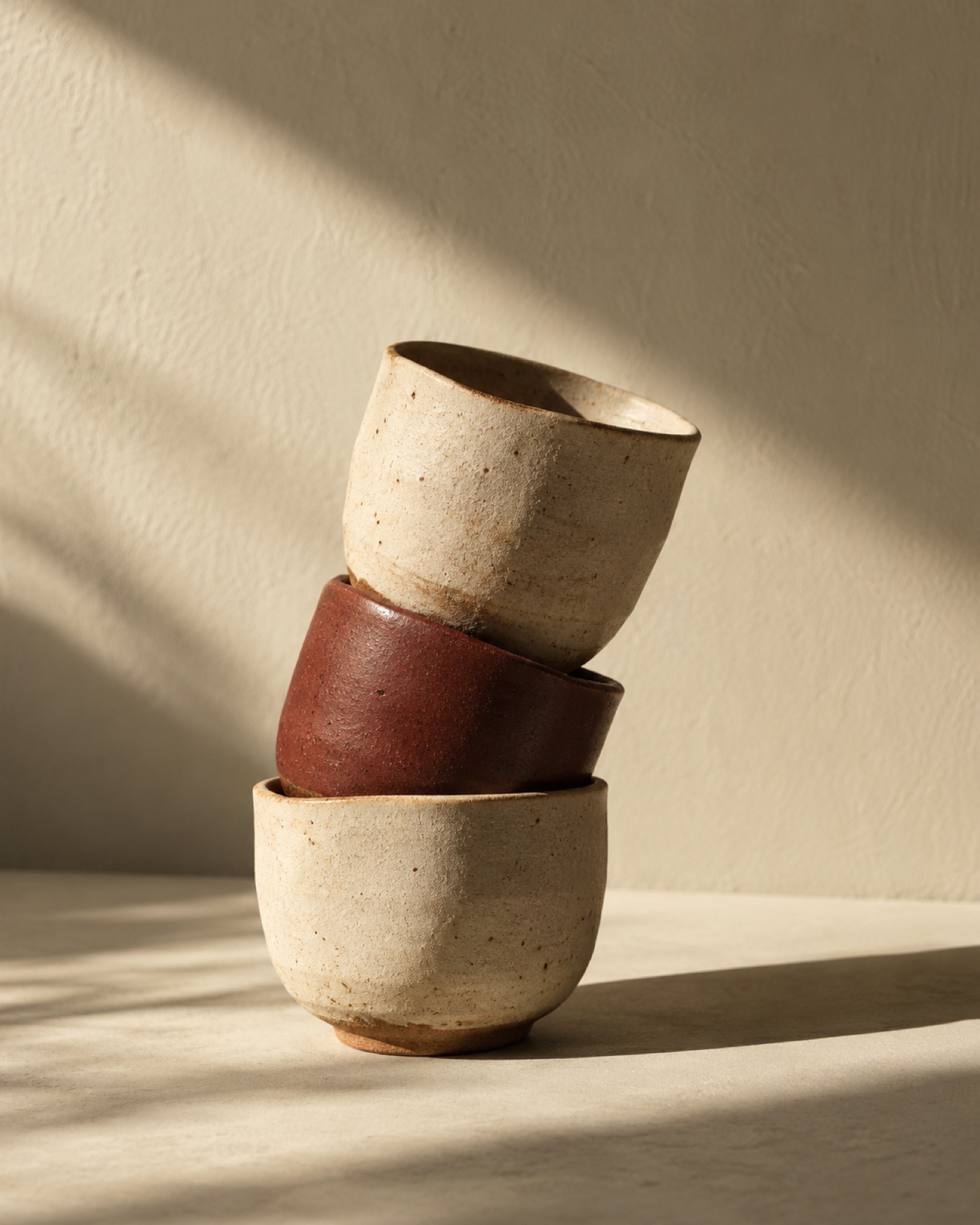 Stacked stoneware cups in raking light