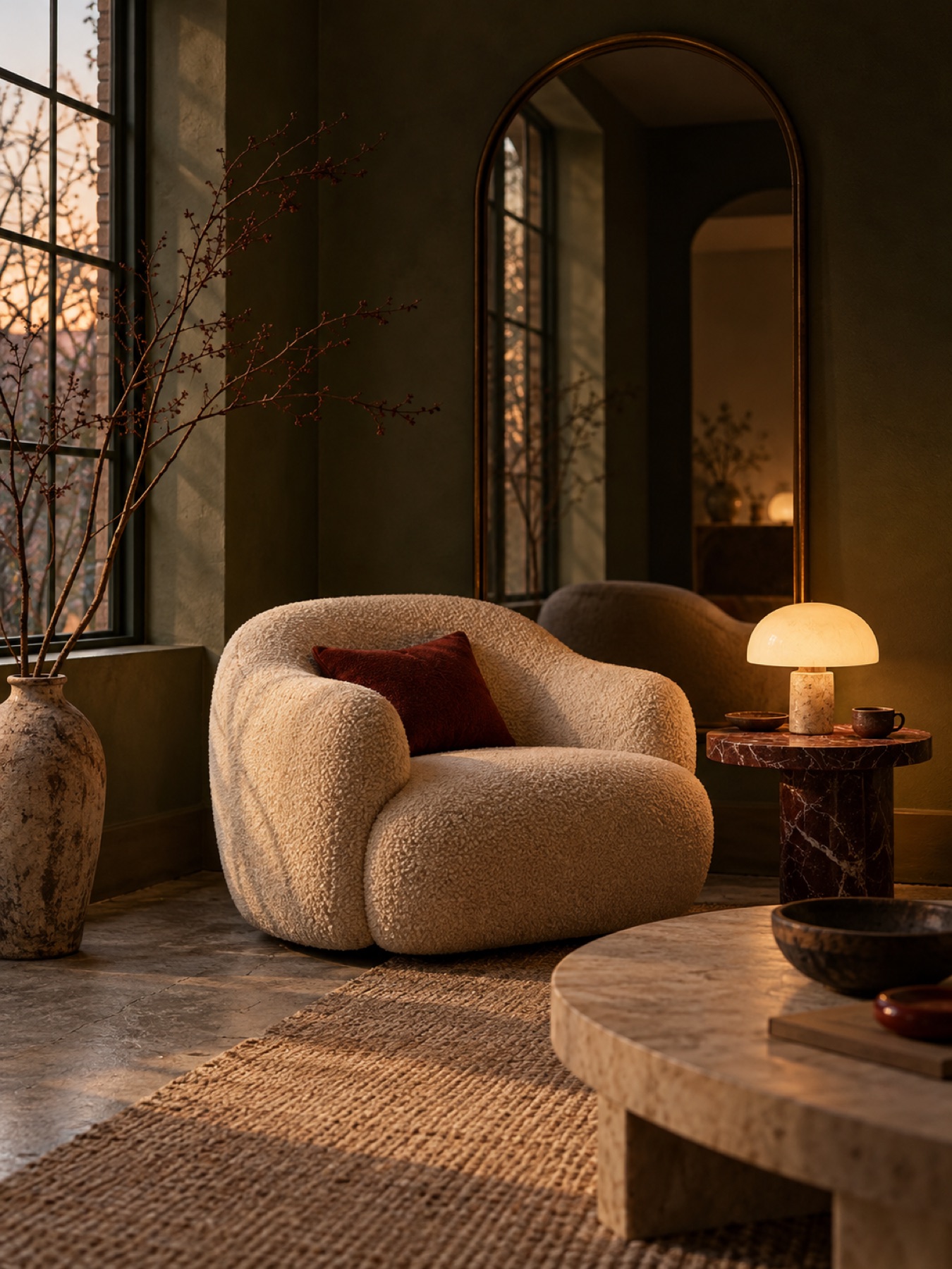 A lounge corner at dusk with a boucle armchair