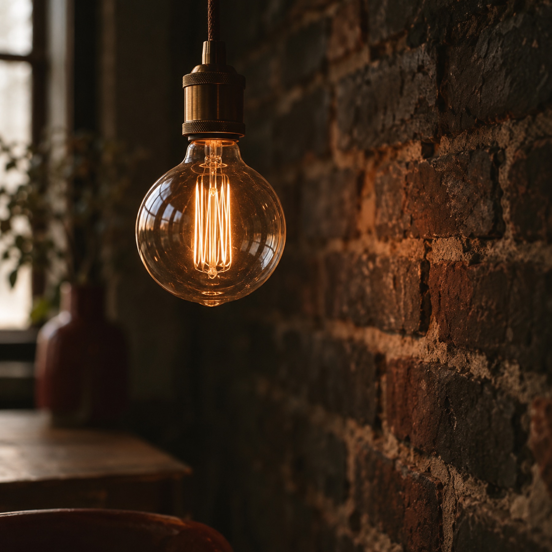 Edison bulb against a brick wall