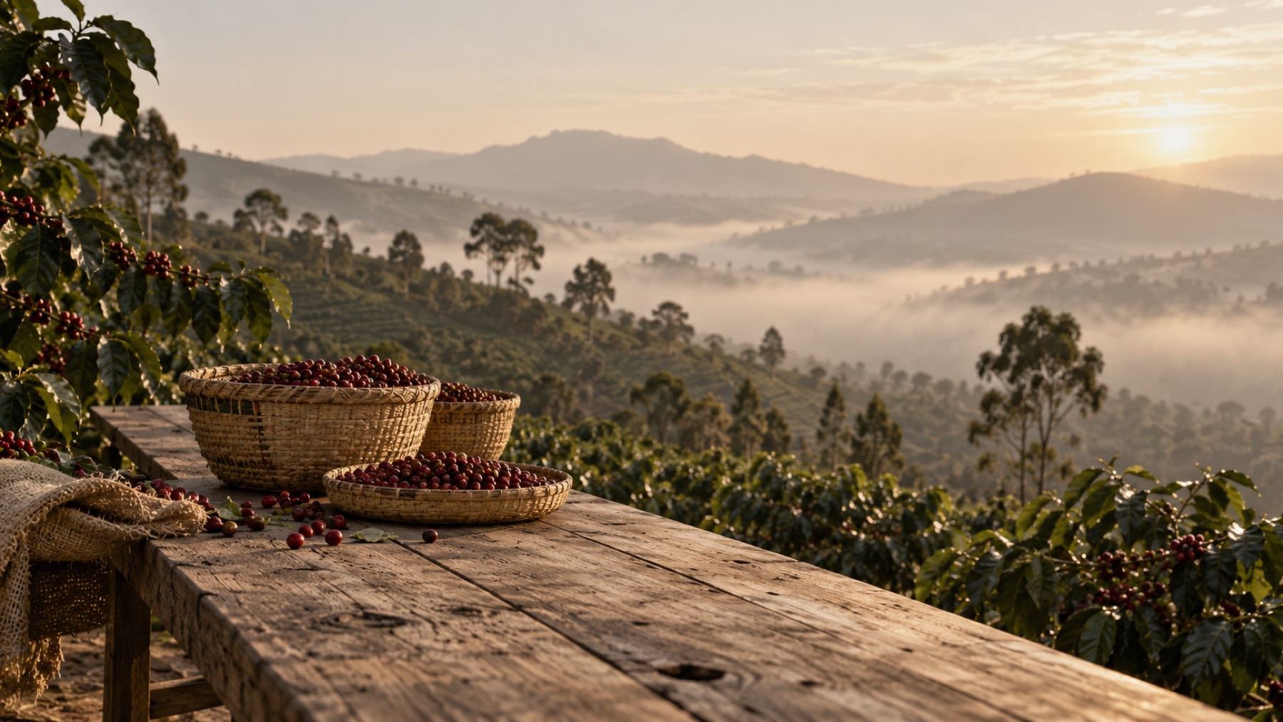 A wooden harvest table above a misty coffee farm