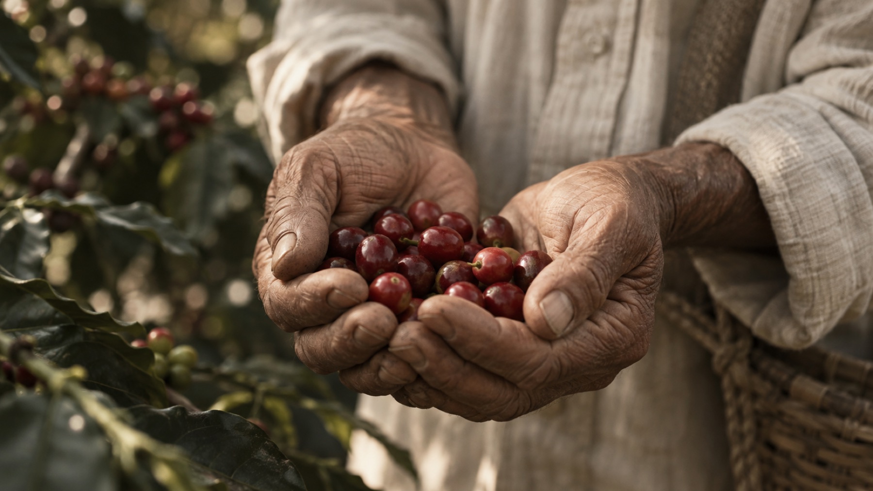 A farmer's hands holding ripe coffee cherries
