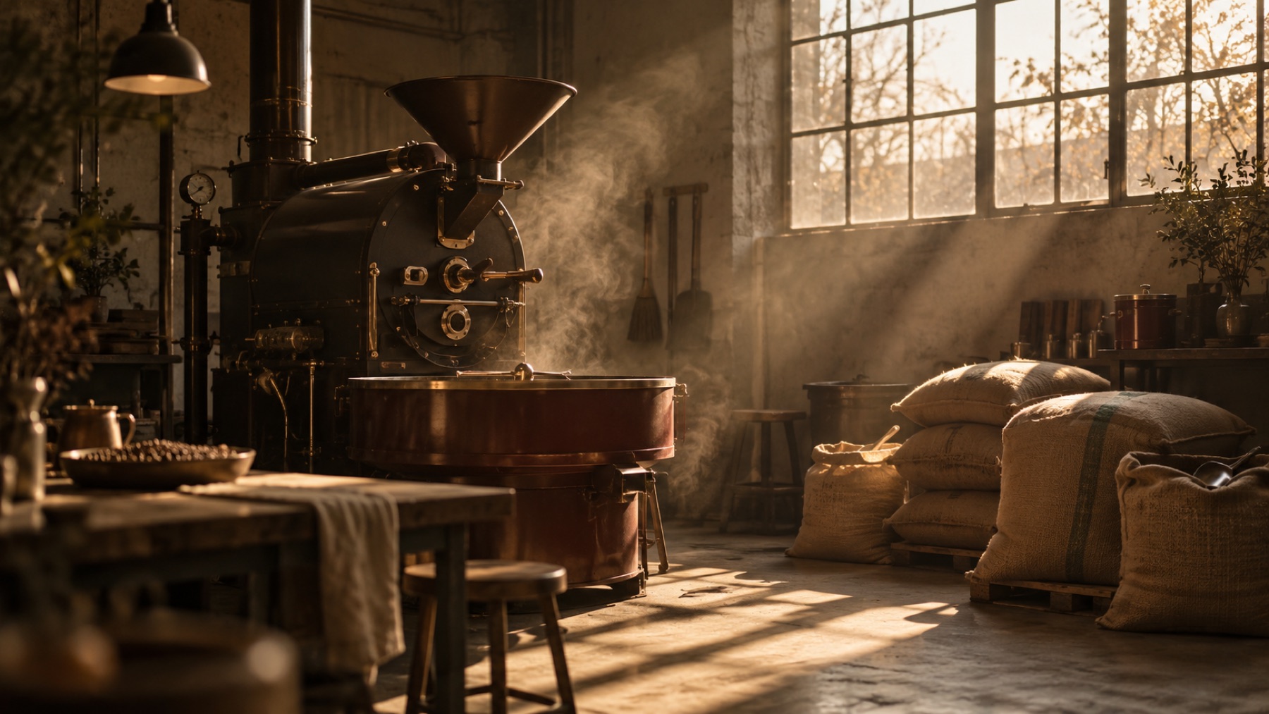 Roastery interior at golden hour
