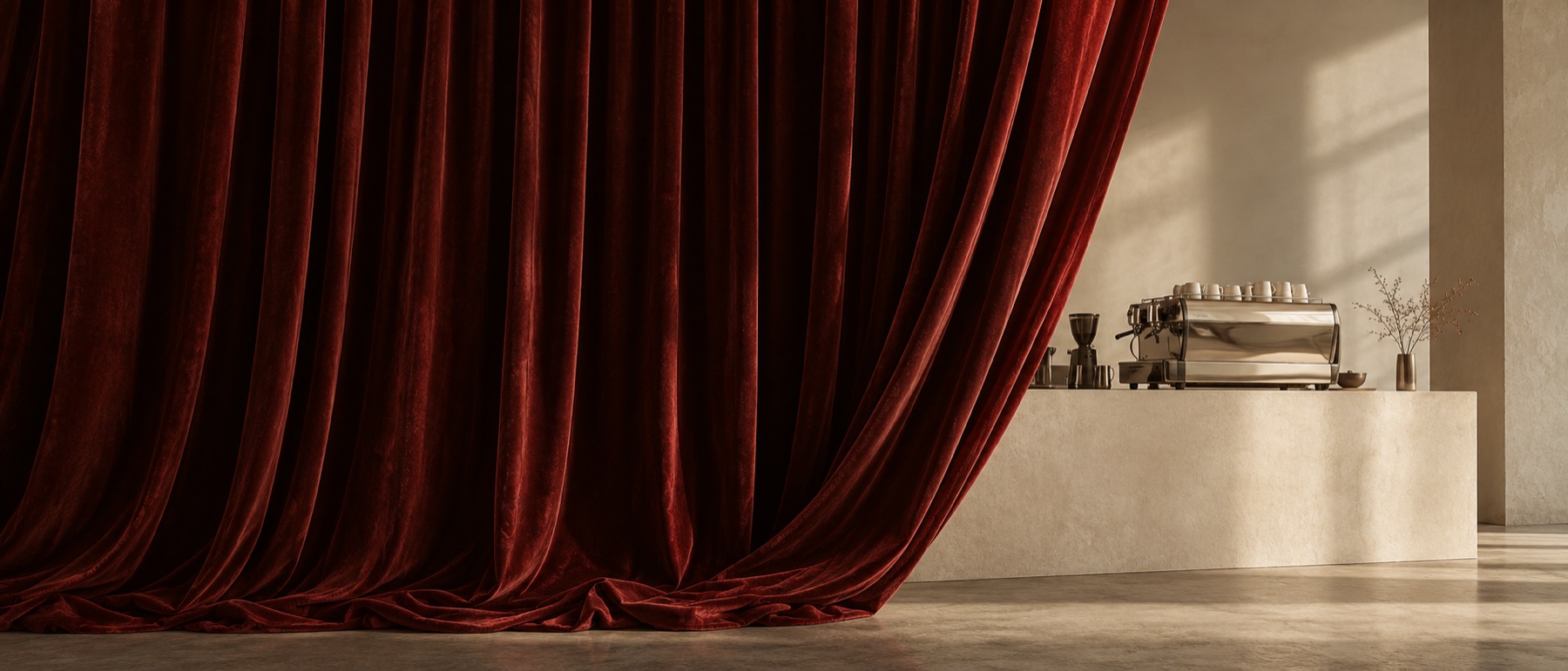 A red velvet curtain drawn back from a coffee counter