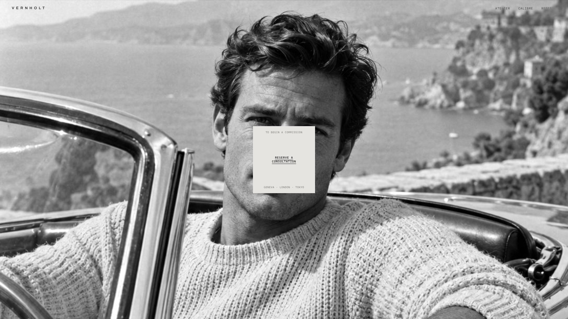 Vernholt website: the frame zoom scene, with the booking card over a man at the wheel of a vintage car