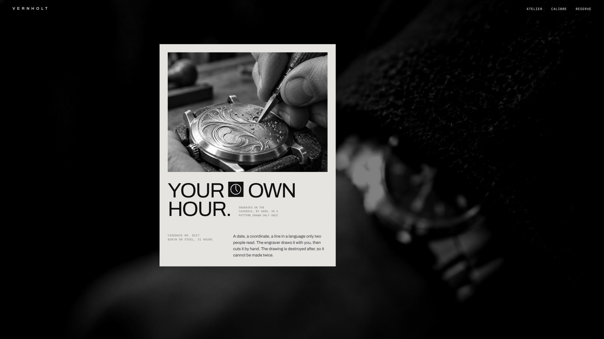 Your own hour: engraving page with the clock glyph in the headline