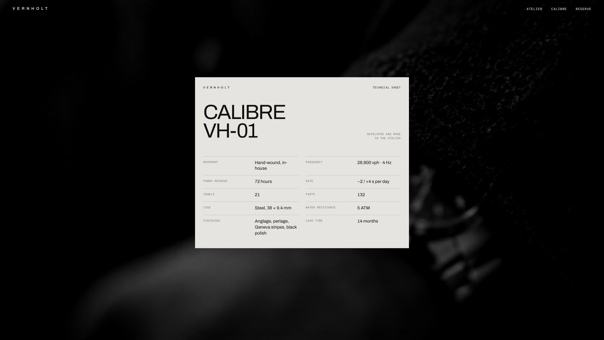 Calibre VH-01 technical sheet