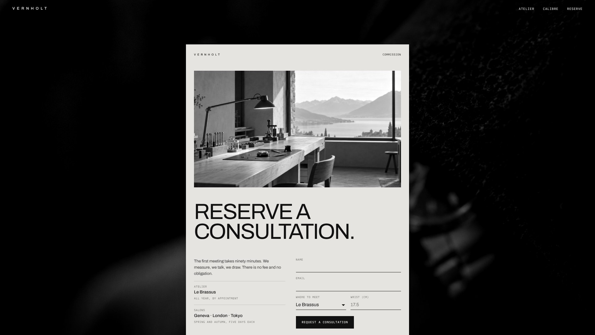 Reserve a consultation: the atelier view and booking form