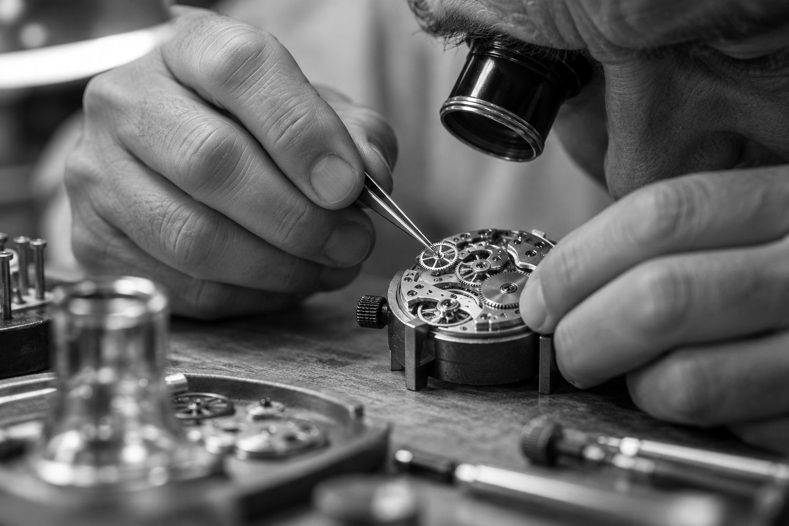 Watchmaker assembling a movement under a loupe