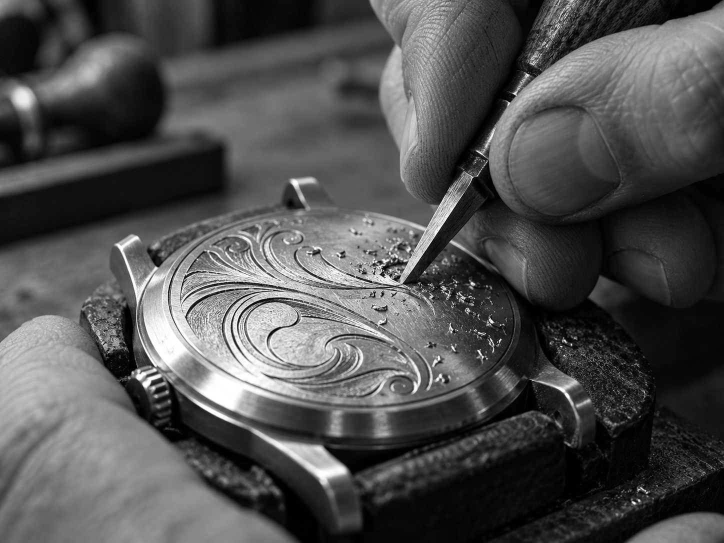 Engraving a scroll pattern into a steel caseback