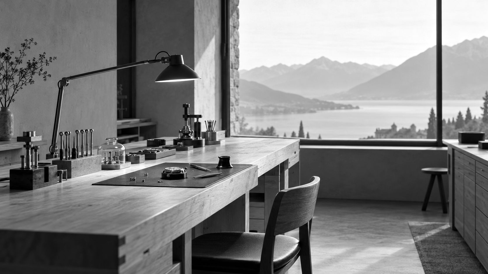 The atelier: a long wooden bench by a window over the lake