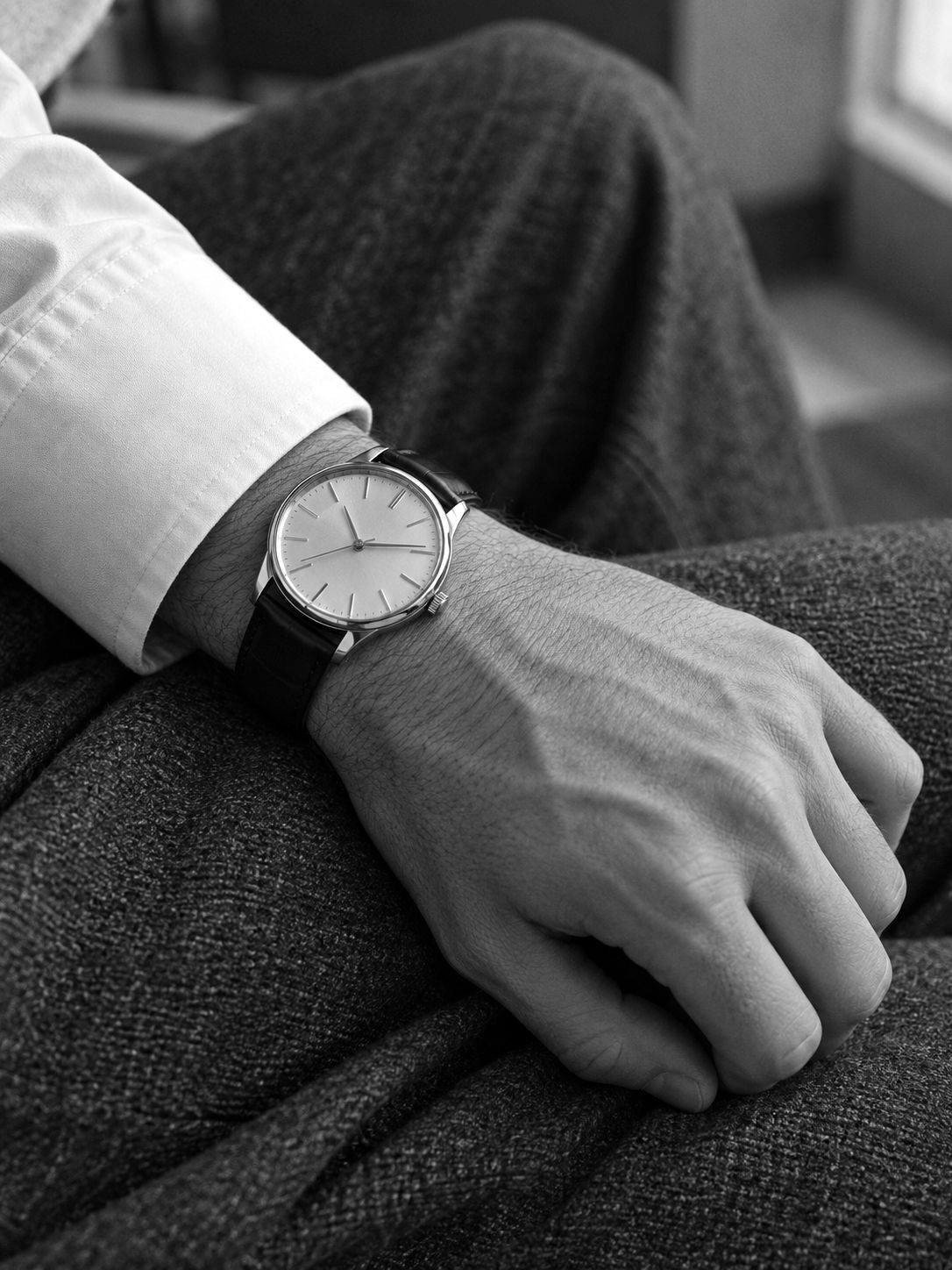 Steel wristwatch on a man's wrist, resting on grey flannel